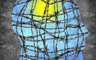 head silhouette with barbedwire sun and blue sky digital illustration